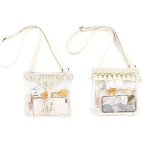 Mkono Clear Bag Stadium Approved Boho Clear Crossbody Purse with Macrame Tassel PVC Transparent Shoulder Bag for Concerts, Festivals, Gym or Work