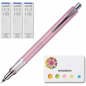 Kuru Toga Advance - Auto Lead Rotating Mechanical Pencil 0.3mm Baby Pink (M35591P.68) +Uni Pencil Lead,"The Uni" Smudge-Proof Leads, 0.3mm HB 3 Set and amazdone Sticky Notes