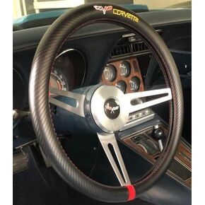 Gooogo Black Carbon FIber Luxury Leather Corvette flag Car Steering Wheel Cover Auto Anti-slip Protector 15'' For Chevy Corvette