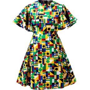 Womens African Vintage Ruffle Trim Sleeve Ankara Tunic Swing Dress