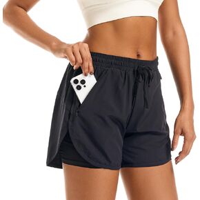 Women's 2 in 1 Athletic Running Shorts High Waisted Workout Casual Gym Sweat Shorts Mesh Comfy Liner Zipper Pockets