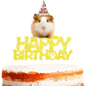 Gold Glitter Hamster Happy Birthday Cake Topper Baby Shower Boys Girls Birthday Party Decor Supplies Pick for Cute Lovely Guinea Pig Theme Decorations