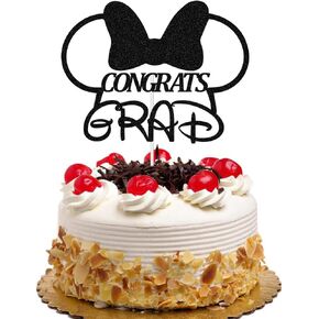 Congrats Grad Cake Topper, Cartoon Mouse Inspired Theme Graduation Party Decorations for Girls Women, Class of 2024 Cake Decors Black Glitter
