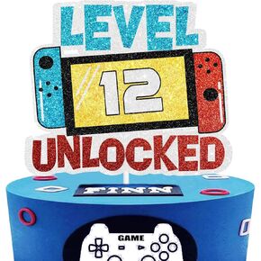 Level 12th Unlocked Cake Topper - Electronic Games Theme Boys Birthday Party Decorations Supplies - 12th Happy Birthday
