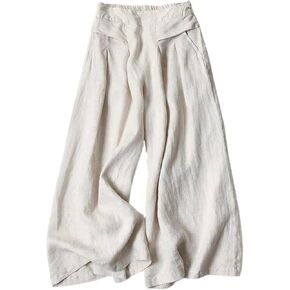 Zontroldy Cotton Linen Wide Leg Palazzo Pants for Women High Elastic Waist Casual Lounge Capri Pants with Pockets