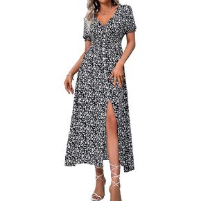 Popfeelings Women Short Sleeve Maxi Dresses Smocked V Neck Floral Summer Casual Long Dress