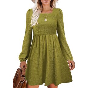 Womens Babydoll Dresses Square Neck Long Sleeve Knee Length Flowy Swing Shirring Mini Dresses Fall Dress