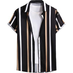 OYOANGLE Men's Color Block Striped Print Short Sleeve Button Up Casual Shirt in Kuwait