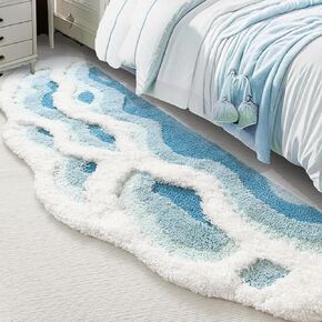 2x6 feet Shag 3D Stereo Wave Moss Bedside Rug 23"×72" Cute Navy Blue Runner Rug Non Slip Washable Bathroom Rugs Bath Mats for Bedroom Bathroom Hallway Home Decor Indoor Doormat Shower Mat