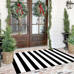 Black White Striped Rug - 4'X6' Front Door Mat Outdoor, Welcome Mats Rug Outdoor, Cotton Washable Front Porch Rug Layered Doormats for Front Porch/Farmhouse/Entryway