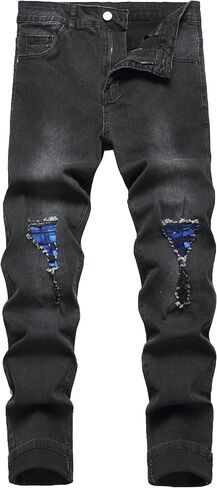 Men's Ripped Straight Leg Jeans, Black, Slim Fit, Regular Length, Distressed Design in Saudi Arabia