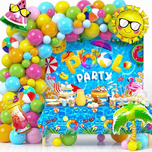 Winrayk ديكورات حفلات حمام السباحة، لوازم أعياد الميلاد الصيفية والشاطئ للأطفال، وقوس بالون بخلفية مفرش المائدة، بالون من رقائق الفويل، هاواي لوا الاستوائية في سن المراهقة للبالغين على الشاطئ وحمام السباحة وديكورات حفلات أعياد الميلاد in Kuwait