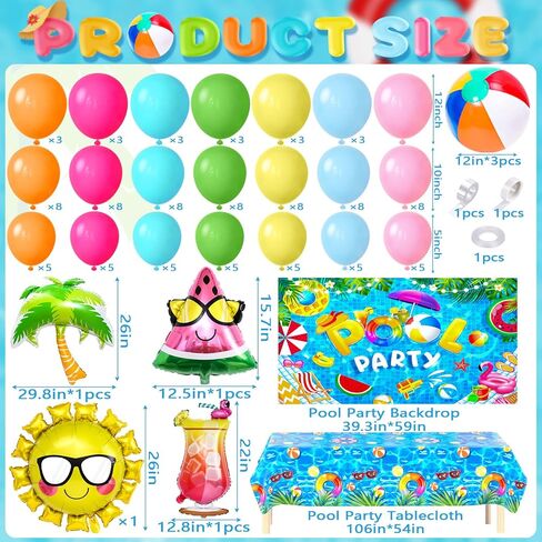 Winrayk ديكورات حفلات حمام السباحة، لوازم أعياد الميلاد الصيفية والشاطئ للأطفال، وقوس بالون بخلفية مفرش المائدة، بالون من رقائق الفويل، هاواي لوا الاستوائية في سن المراهقة للبالغين على الشاطئ وحمام السباحة وديكورات حفلات أعياد الميلاد in Kuwait