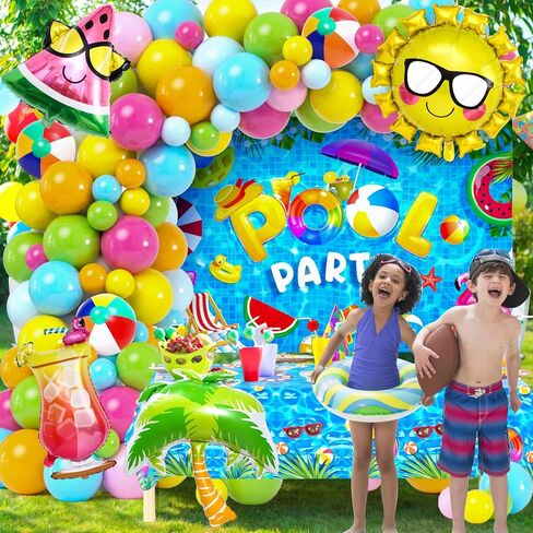 Winrayk ديكورات حفلات حمام السباحة، لوازم أعياد الميلاد الصيفية والشاطئ للأطفال، وقوس بالون بخلفية مفرش المائدة، بالون من رقائق الفويل، هاواي لوا الاستوائية في سن المراهقة للبالغين على الشاطئ وحمام السباحة وديكورات حفلات أعياد الميلاد in Kuwait