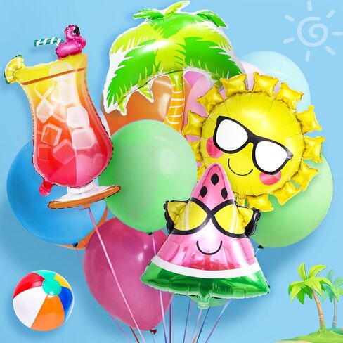Winrayk ديكورات حفلات حمام السباحة، لوازم أعياد الميلاد الصيفية والشاطئ للأطفال، وقوس بالون بخلفية مفرش المائدة، بالون من رقائق الفويل، هاواي لوا الاستوائية في سن المراهقة للبالغين على الشاطئ وحمام السباحة وديكورات حفلات أعياد الميلاد in Kuwait