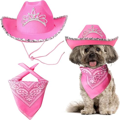 Pet Pink Cowboy Hat Costume Accessory Set Dog Cat Size Pink Cowgirl Princess Hat with Crown Tiara Bandana/Scarf for Cat Puppy Western Costume Daily Wearing Photo Props (Set A) in Saudi Arabia