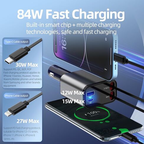 Retractable Car Charger 84W, 4 in 1 Fast Car Phone Charger Build-in 2 Retractable Charging Cables and 2 USB Ports for Phone 15/14/13/12 Pro Max XR,iPad,Pixel for Smartphone in Kuwait