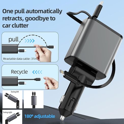 Retractable Car Charger 84W, 4 in 1 Fast Car Phone Charger Build-in 2 Retractable Charging Cables and 2 USB Ports for Phone 15/14/13/12 Pro Max XR,iPad,Pixel for Smartphone in Kuwait