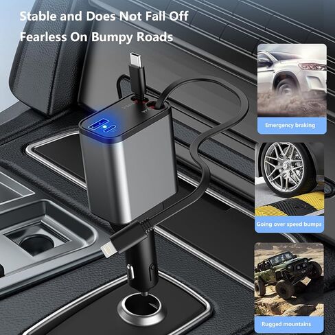 Retractable Car Charger 84W, 4 in 1 Fast Car Phone Charger Build-in 2 Retractable Charging Cables and 2 USB Ports for Phone 15/14/13/12 Pro Max XR,iPad,Pixel for Smartphone in Kuwait