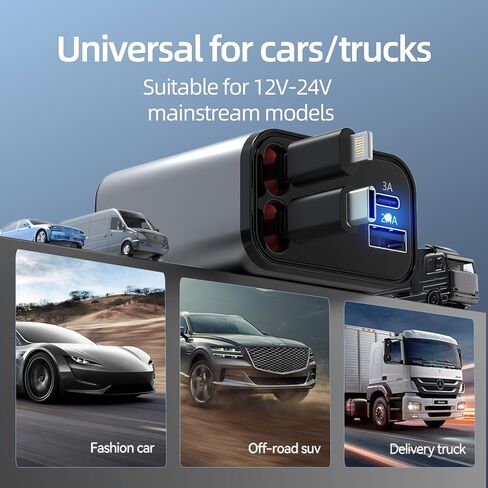 Retractable Car Charger 84W, 4 in 1 Fast Car Phone Charger Build-in 2 Retractable Charging Cables and 2 USB Ports for Phone 15/14/13/12 Pro Max XR,iPad,Pixel for Smartphone in Kuwait