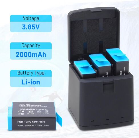 3-Pack Hero 12/11/10/9 Battery 2000mAh with 3-Channel USB-C Charger Power Fast Portable Accessory Fully Compatible with GoPro Hero 12, Hero 11, Hero 10, Hero 9 Black Sport Action Camera (AHDBT-901) in Saudi Arabia