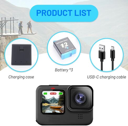 3-Pack Hero 12/11/10/9 Battery 2000mAh with 3-Channel USB-C Charger Power Fast Portable Accessory Fully Compatible with GoPro Hero 12, Hero 11, Hero 10, Hero 9 Black Sport Action Camera (AHDBT-901) in Saudi Arabia