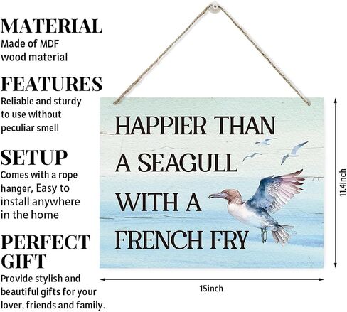 Happier Than a Seagull with a French Fry Sign, Funny Wood Sign, Rustic Wooden Hanging Plaque Sign, Seagull Decor, Decorative Wooden Wall Sign, Positive Home Decor, Cheer Up Gift, Housewarming Gift in Saudi Arabia