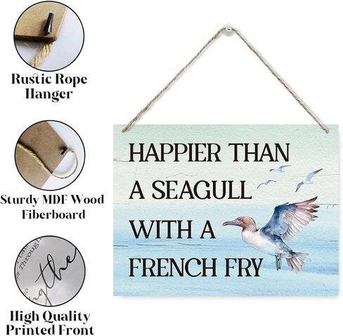 Happier Than a Seagull with a French Fry Sign, Funny Wood Sign, Rustic Wooden Hanging Plaque Sign, Seagull Decor, Decorative Wooden Wall Sign, Positive Home Decor, Cheer Up Gift, Housewarming Gift in Saudi Arabia