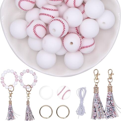 Baseball Silicone Beads for Keychain Making, 15mm Sport Silicone Beads Bulk with Tassel for Key Chain (Baseball) in Kuwait
