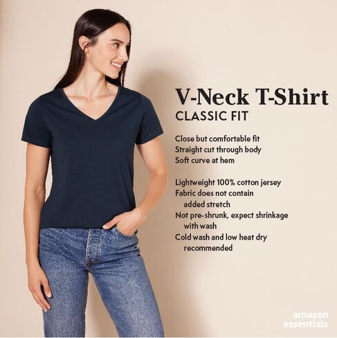 Amazon Essentials Women's Classic-Fit 100% Cotton Short-Sleeve V-Neck T-Shirt (Available in Plus Size), Pack of 2 in Saudi Arabia