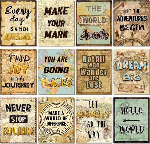 12 Pieces Travel The Map Motivational Wall Decor Travel World Inspirational Bulletin Board Posters Positive Quote Wall Art for Kids Nursery Homeschool Kindergarten Classroom Decorations, 11 x 14 Inch in Saudi Arabia