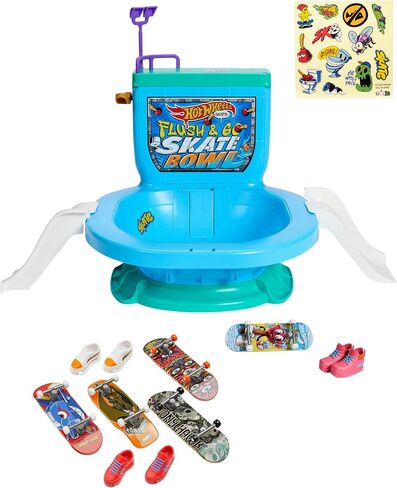Hot Wheels Skate Fingerboard Toilet Bowl Skate Set, Flush & Go Skate Park with 1 Exclusive Board, 1 Pair of Removable Skate Shoes & Sticker Sheet in Saudi Arabia