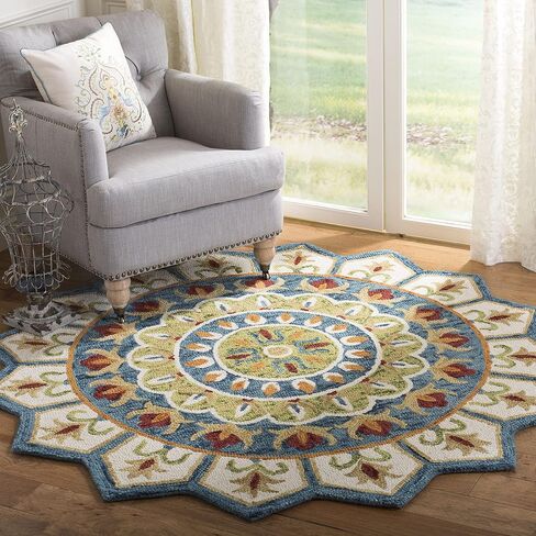 SAFAVIEH Novelty Collection 3' Round Ivory/Blue NOV605M Handmade Boho Floral Premium Wool Entryway Foyer Living Room Bedroom Kitchen Area Rug in Saudi Arabia