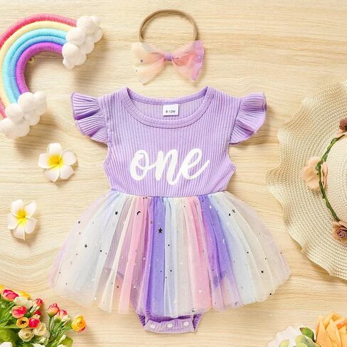 GRNSHTS Baby Girl 1st Birthday Outfits Ribbed Tulle Romper Princess Cake Smash Photo Shoot Clothes+Headband in Saudi Arabia
