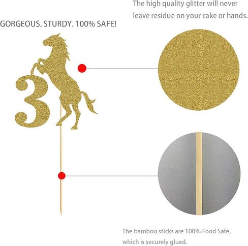 Gold Horse 3 Cake Topper, Gold Glitter Horse Happy 3rd Birthday Cake Decoration in Saudi Arabia