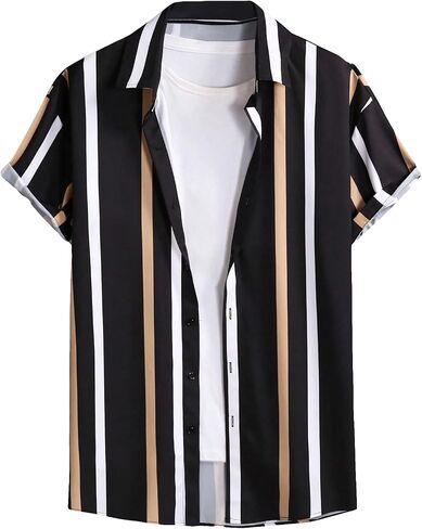OYOANGLE Men's Color Block Striped Print Short Sleeve Button Up Casual Shirt in Kuwait