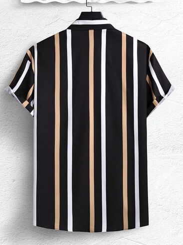 OYOANGLE Men's Color Block Striped Print Short Sleeve Button Up Casual Shirt in Kuwait