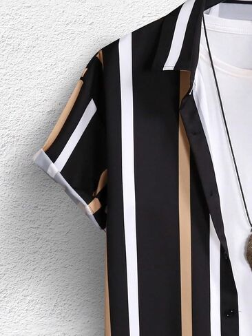 OYOANGLE Men's Color Block Striped Print Short Sleeve Button Up Casual Shirt in Kuwait