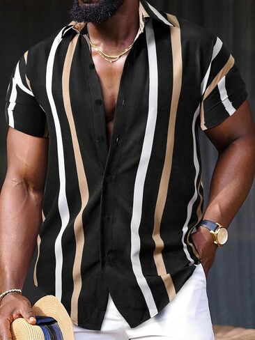 OYOANGLE Men's Color Block Striped Print Short Sleeve Button Up Casual Shirt in Kuwait