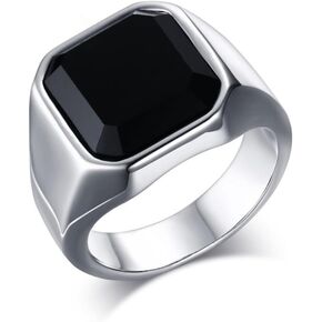 Solid 316L Stainless Steel Black Onyx Rings Turkish Handmade Square Natural Agate Signet Rings for Men High Polish Simple Statement Ring Jewelry Gift for Him
