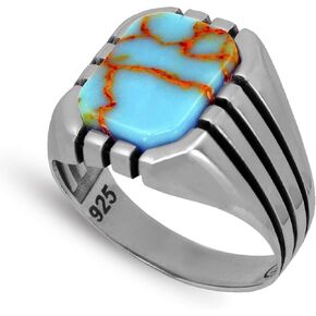 Men's Classics Stripe Design 925 Sterling Silver Ring with Square shaped Antique Turquoise Gemstone