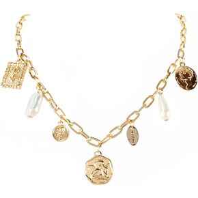 Gold Charm Necklace for Women White Pearl Choker Necklace Head Portrait Square Pendant Necklace Chunky Charm Necklace Jewelry for Summer Beach Party