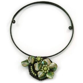 Dark Green/Olive Green Shell Flower Flex Wire Choker Necklace - Adjustable