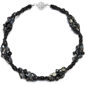 COOLSTEELANDBEYOND Black Crystal Beaded Choker Necklace, Twisted Multi-Strand Design, Statement Necklace Choker Collar