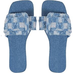GORGLITTER Women's Flat Sandals Plaid Square Open Toe Denim Slides