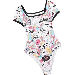 WDIRARA Women's Newspaper Print Short Sleeve Round Neck Tummy Control One Piece Bodysuit Casual Top