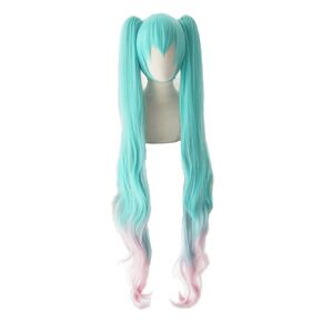 Anime Cosplay Wig 120cm Long Blue Green Gradient Purple Pink Clip on Double Ponytails