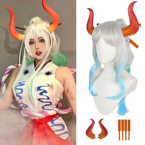 Anogol +Wig Cap 4pcs Ombre Silver Green Blue Wig for Yamato Wig Anime Cosplay Clip-on Ponytail Wig for Women Halloween Wavy With Bangs Wig for Girls Women Costume(1 Wig+2 Horns+4 Sticks+1 Hair Cap)