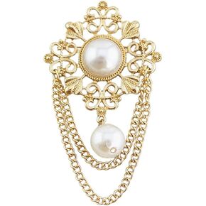Vintage Round Pearl Filigree Flower Chain Tassel Brooches Lapel Pins for Women Girls Party Dance Banquet Dainty Boho Gold Tone Dangle Drop Pin Dress Suit Clothes Accessories Jewelry Gifts