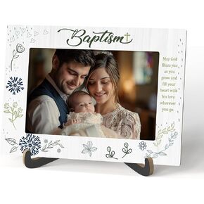 Baptism Photo Frame - Baby Baptism Wooden Desktop Picture Frame with Stand - Newborn Baby Boy Religious Gift - Christening Gifts from Grandparents Friends -A29